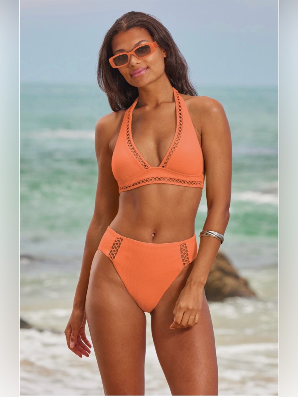 BECCA Orange Ribbed Bikini Set Crochet Trim
Halter Top High Rise Bottom Size M
